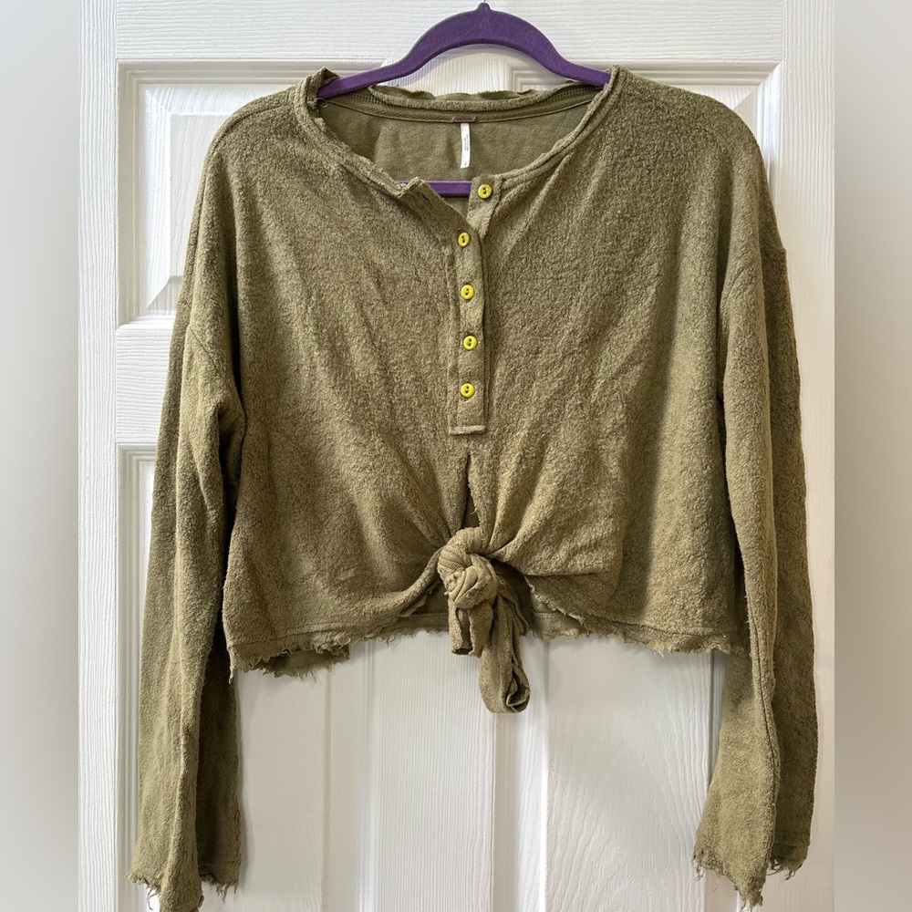 Free People Olive Green Long Sleeve Tie-Front Top
